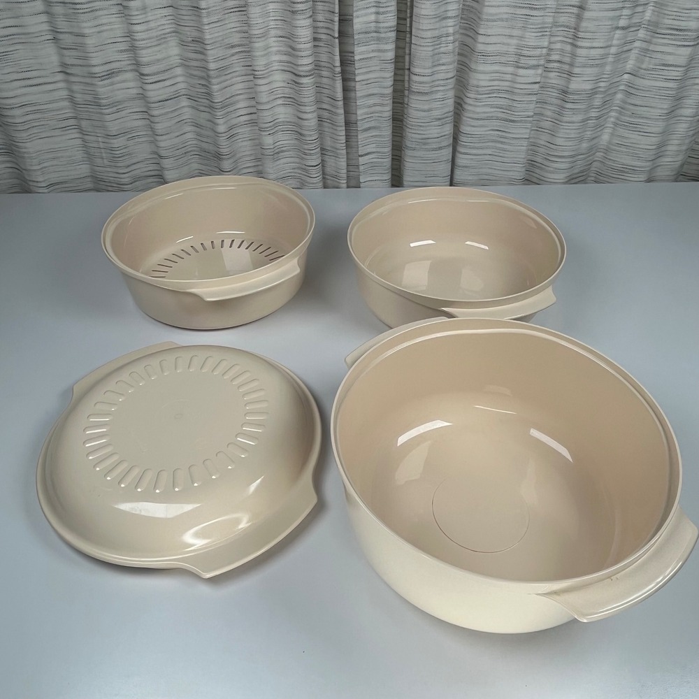 Tupperware Stack Cooker 4 Piece Set Microwave Steamer Casserole Almond Beige USA
